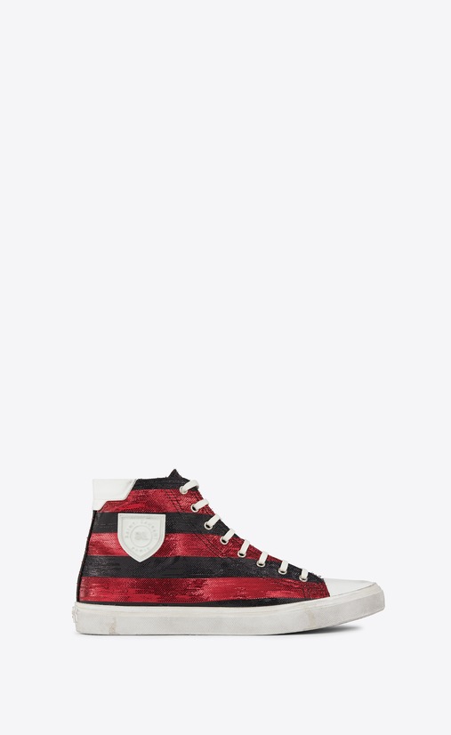 SAINT LAURENT Bedford レディース ベッドフォード ミッドカット スニーカー(レッド&ブラック ストライプ/ルレックス) a_V4